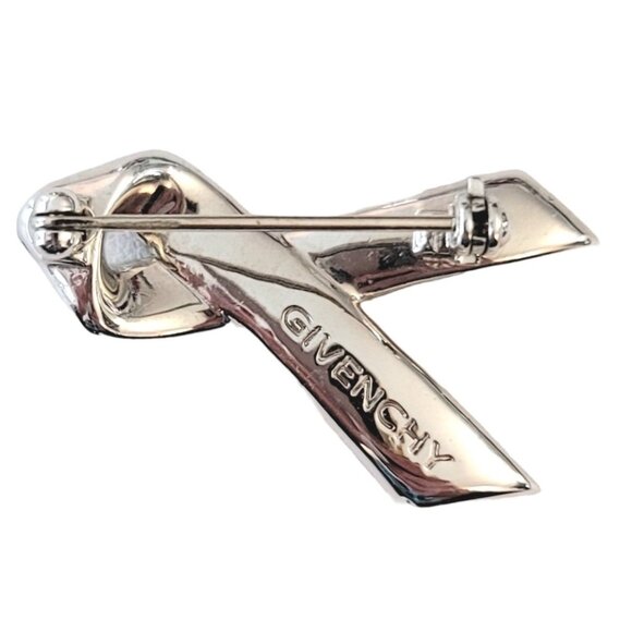 Givenchy Silver Tone Pink Rhinestone Ribbon Pin Brooch, Signed M527 - Picture 4 of 8
